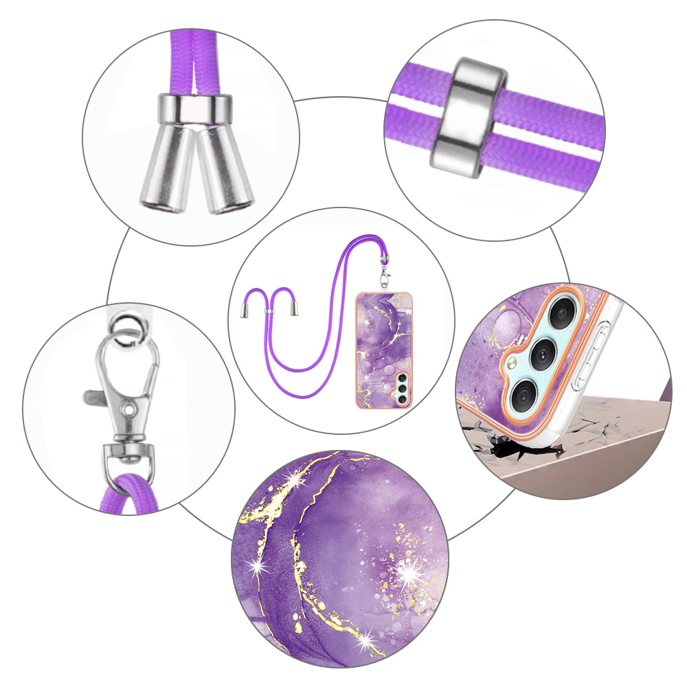 YB IMD Series-9 Marble Pattern Phone Case for Samsung Galaxy A24 4G IMD Electroplating TPU Cover with Lanyard - Purple 002 YB IMD Series-9 Marble Pattern Phone Case for Samsung Galaxy A24 4G IMD Electroplating TPU Cover with Lanyard - Purple 002